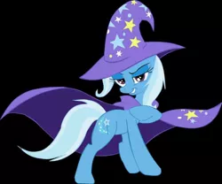 Size: 800x666 | Tagged: safe, artist:kibidaizin, derpibooru import, trixie, pony, black background, cape, clothes, digital art, female, hat, mare, raised hoof, simple background, smiling, solo, trixie's cape, trixie's hat