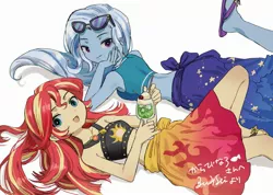 Size: 2523x1800 | Tagged: safe, artist:tz036, derpibooru import, sunset shimmer, trixie, equestria girls, equestria girls series, forgotten friendship, adorasexy, bikini, clothes, cute, drink, duo, duo female, feet, female, geode of empathy, japanese, jewelry, magical geodes, moon runes, necklace, on back, prone, raised leg, sandals, sarong, sexy, simple background, smiling, sunglasses, swimsuit, white background