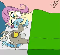 Size: 1619x1492 | Tagged: safe, artist:cafakero, derpibooru import, discord, fluttershy, draconequus, pony, my little pony: pony life, ah yes me my girlfriend and her x, bed, body pillow, discoshy, female, finn tastic, grin, male, mare, meme, shipping, smiling, straight