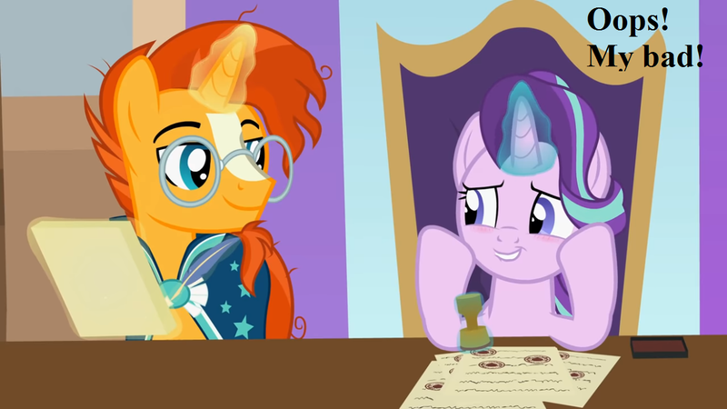 2258331 - safe, artist:agrol, derpibooru import, edit, starlight glimmer,  sunburst, headmare of the school, magic, magic aura, school of friendship,  speech, stamp, talking - Twibooru