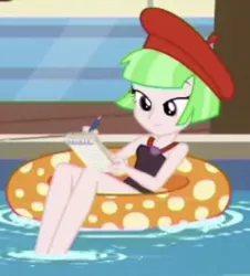 Size: 828x917 | Tagged: safe, derpibooru import, screencap, drama letter, watermelody, equestria girls, equestria girls series, spring breakdown, beret, clothes, female, hat, inner tube, legs, notepad, pen, sleeveless, solo, solo focus, swimsuit, water, watermelody swimsuit