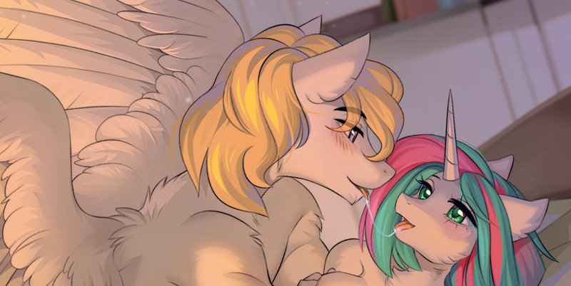 Size: 816x410 | Tagged: questionable, artist:margony, derpibooru import, oc, oc:fluorescent luminosity, unofficial characters only, pegasus, unicorn, bedroom eyes, blushing, commission, cropped, cropped porn, drool, drool string, female, french kiss, kissing, lidded eyes, looking at each other, male, oc x oc, shipping, straight, tongue out
