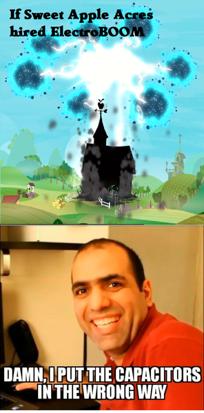 Size: 519x1052 | Tagged: bloom and gloom, caption, crossover, derpibooru import, destruction, edit, edited screencap, electricity, electroboom, exploitable meme, house, human, image macro, irl, irl human, lightling, looking at you, mehdi sadaghdar, meme, photo, quote, reference, safe, screencap, smiling, smiling at you, smoke, sweet apple acres, text, twittermite