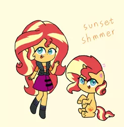 Size: 1080x1104 | Tagged: safe, artist:pink flame, derpibooru import, sunset shimmer, pony, unicorn, equestria girls, my little pony: pony life, clothes, cute, dress, female, happy, human ponidox, mare, misspelling, self ponidox, shimmerbetes, simple background, vest, waving, yellow background