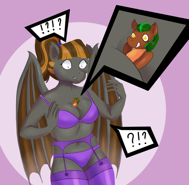 Size: 3186x3114 | Tagged: suggestive, artist:arcy-major, derpibooru import, oc, oc:mythic dawn, oc:sugar dawn, unofficial characters only, alp-luachra, anthro, bat pony, original species, bat pony oc, bat wings, between breasts, bra, breasts, clothes, commission, exclamation point, fangs, female, females only, garter belt, hair tie, nudity, pink background, ponytail, purple bra, purple eyes, purple underwear, question mark, shrunken pupils, simple background, size difference, socks, starry eyes, stockings, surprised, thigh highs, tights, underwear, wavy mouth, wingding eyes, wings, ych result