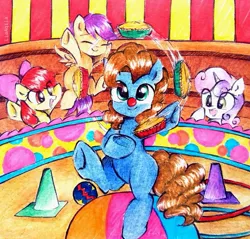 Size: 915x873 | Tagged: safe, artist:liaaqila, derpibooru import, apple bloom, scootaloo, sweetie belle, oc, oc:silly scribe, pony, circus, clown, clown nose, commission, cute, cutie mark crusaders, flying, food, juggling, pie, scootaloo can fly, silly, silly pony