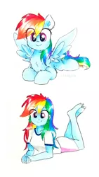 Size: 1804x3206 | Tagged: safe, artist:liaaqila, derpibooru import, rainbow dash, pegasus, pony, equestria girls, barefoot, blue fur, blue wings, chest fluff, clothes, cute, dashabetes, feet, female, happy, human ponidox, legs in air, mare, multicolored hair, multicolored mane, multicolored tail, pink eyes, prone, rainbow hair, rainbow tail, self paradox, self ponidox, shirt, shorts, simple background, t-shirt, the pose, traditional art, watermark, white background, wings