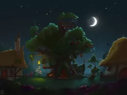 Size: 2000x1500 | Tagged: artist:minibot-1, beautiful, building, color correction, colored, color edit, crescent moon, dark, derpibooru import, door, edit, fence, flower, golden oaks library, house, houses, lantern, library, light, moon, night, no pony, ponyville, safe, scenery, scenery porn, stars, sunflower, telescope, tree, wallpaper