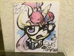 Size: 2048x1536 | Tagged: safe, artist:ahiru_7, derpibooru import, moondancer, crab, angry, female, glasses, japanese, japan ponycon, moon runes, solo, traditional art, watercolor painting