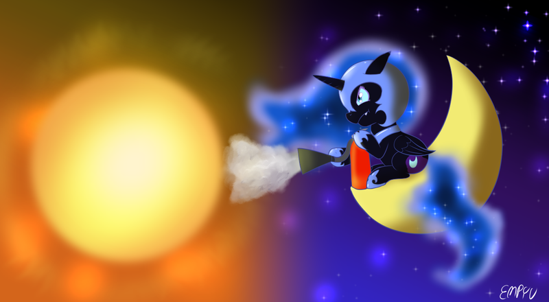 Size: 1200x660 | Tagged: safe, artist:empyu, derpibooru import, nightmare moon, alicorn, pony, 30 minute art challenge, armor, chibi, crescent moon, female, fire extinguisher, moon, sitting, solo, sun