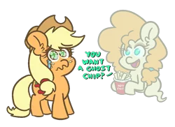 Size: 1100x800 | Tagged: safe, artist:threetwotwo32232, derpibooru import, applejack, pear butter, earth pony, ghost, pony, undead, chips, crying, female, food, looking at you, mare, parody, simple background, transparent background, wavy mouth