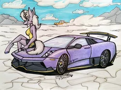 Size: 1280x954 | Tagged: safe, artist:sketchywolf-13, derpibooru import, oc, unofficial characters only, anthro, unguligrade anthro, unicorn, breasts, car, clothes, cloud, commission, female, horn, lamborghini, lamborghini murcielago, looking at you, looking back, pose, salt flats, sitting, sky, solo, supercar, traditional art, vehicle