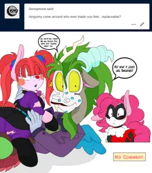Size: 2150x2446 | Tagged: angry, artist:blackbewhite2k7, batman, caught, cheating, clothes, costume, derpibooru import, discord, female, harley quinn, kiss mark, lipstick, male, pacific glow, pinkie pie, punchline, safe, shipping, straight, the joker, yandere, yandere pie