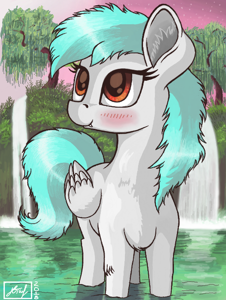 Size: 512x680 | Tagged: safe, artist:dreamyskies, derpibooru import, oc, pegasus, bust, complex background, in water, looking up, pegasus oc, portrait, standing, water, waterfall, wings