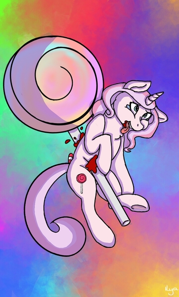 Size: 720x1192 | Tagged: semi-grimdark, artist:sugar lollipop, derpibooru import, oc, oc:sugar lollipop, pony, unicorn, ahegao, base used, blood, candy, crying, female, food, horn, impalement, lollipop, mare, open mouth, psychedelic, smiling, snuff, tongue out, unicorn oc