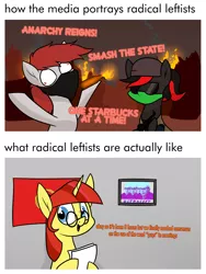 Size: 1484x1974 | Tagged: safe, artist:moonatik, derpibooru import, oc, oc:comrade valentina, oc:lefty pony, oc:molly tov, unofficial characters only, earth pony, pony, unicorn, amadeo bordiga, anarchism, anarchy, bandana, female, fire, glasses, gun, image, mare, mask, molotov cocktail, op is a duck, op is retarded, op started shit, paper, png, politics, rifle, riot, shrunken pupils, sunglasses, weapon
