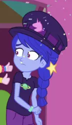 Size: 256x440 | Tagged: safe, derpibooru import, screencap, space camp (character), equestria girls, equestria girls series, five lines you need to stand in, spoiler:eqg series (season 2), confetti, cropped, female, hat, thumbs up
