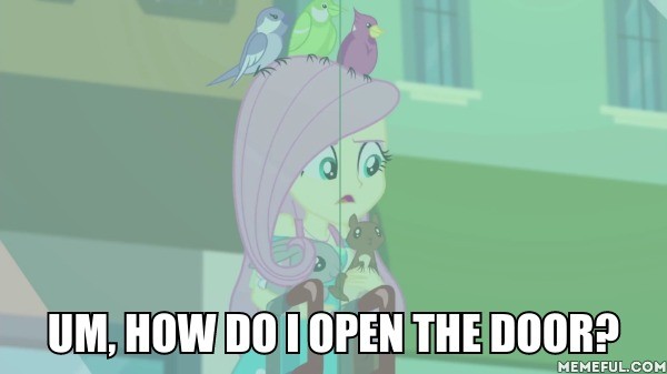 Size: 600x337 | Tagged: safe, derpibooru import, edit, edited screencap, screencap, fluttershy, bird, rabbit, squirrel, equestria girls, equestria girls series, tip toppings, spoiler:eqg series (season 2), animal, caption, image macro, memeful.com, text