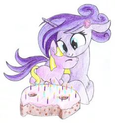 Size: 1024x1101 | Tagged: safe, artist:mraagh, derpibooru import, oc, oc:ethereal serenity, oc:maze, unofficial characters only, earth pony, pony, unicorn, birthday, birthday cake, birthday gift art, blue eyes, cake, candle, chest fluff, colored pencil drawing, cookie, cuddling, curly mane, cute, duo, ear fluff, eyelashes, eyes closed, eyes open, female, filly, flower, flower in hair, food, happy, lying on the ground, mare, pencil drawing, purple coat, purple mane, scan, shading, simple background, smiling, snuggling, spiky tail, traditional art, two colour hair, yellow mane