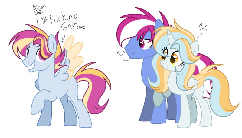 Size: 5936x3376 | Tagged: safe, artist:rainbows, derpibooru import, oc, oc:starry, oc:steam loco, alicorn, pegasus, pony, bad language, female, gay, grin, implied shipping, male, mare, multicolored hair, oc x oc, parents:oc x oc, pegasus oc, raised hoof, shipping, simple background, smiling, stallion, straight, transparent background, vulgar, vulgar language, wings