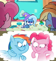 Size: 1920x2105 | Tagged: safe, derpibooru import, edit, edited screencap, editor:tcgamebot, screencap, pinkie pie, rainbow dash, trixie, earth pony, pegasus, pony, unicorn, .mov, shed.mov, friendship gems, my little pony: pony life, spoiler:pony life s01e12, spoiler:pony life s01e17, abuse, cape, clothes, hat, meme, sad, treehouse logo, trixiebuse, welcome to ponyville