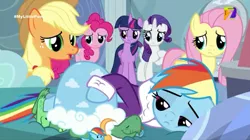 Size: 540x303 | Tagged: safe, derpibooru import, screencap, applejack, fluttershy, pinkie pie, rainbow dash, rarity, tank, twilight sparkle, tanks for the memories, azteca 7, bed, pet, sad, tv azteca