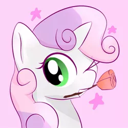 Size: 1000x1000 | Tagged: safe, artist:chocodamai, derpibooru import, sweetie belle, unicorn, ;d, cute, diasweetes, digital art, female, flower, one eye closed, rose, simple background, smiling, solo, stars, wink