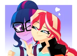 Size: 3264x2358 | Tagged: safe, alternate version, artist:xan-gelx, derpibooru import, sci-twi, sunset shimmer, twilight sparkle, equestria girls, adorasexy, bedroom eyes, blushing, cheek squish, cute, eyelashes, eyes closed, female, glasses, heart, lesbian, scitwishimmer, seductive, sexy, shimmerbetes, shipping, smugset shimmer, squishy cheeks, sunsetsparkle, teasing, twiabetes