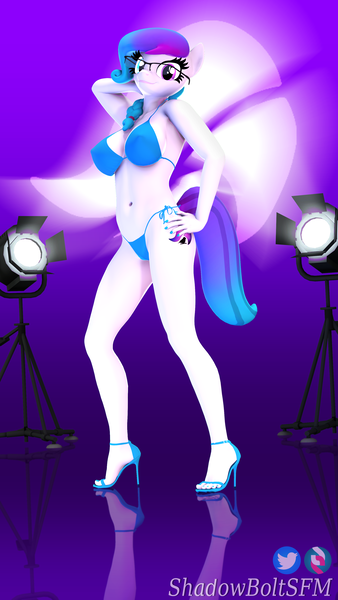 Size: 2160x3840 | Tagged: suggestive, artist:shadowboltsfm, derpibooru import, oc, oc:aurora starling, anthro, earth pony, plantigrade anthro, 3d, 4k, adorasexy, arm behind head, bikini, breasts, clothes, cute, cutie mark background, eyelashes, glasses, hand on hip, heterochromia, high heels, looking at you, nail polish, pose, reflection, sexy, shoes, smiling, source filmmaker, spotlight, standing, swimsuit