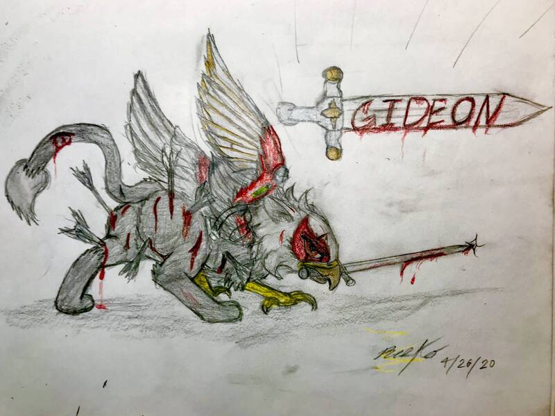 Size: 1955x1465 | Tagged: semi-grimdark, artist:reekosukanku, derpibooru import, oc, oc:gideon, gryphon, arrow, blood, butt, literal butthurt, mouth hold, pain, plot, solo, sword, traditional art, weapon