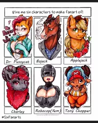Size: 960x1200 | Tagged: safe, artist:blue_formalin, derpibooru import, applejack, anthro, cat, earth pony, goat, human, robot, six fanarts, anthro with ponies, antlers, apple, blushing, bojack horseman, breasts, bust, chest fluff, cigarette, clothes, crossover, dr. pussycat, ear fluff, female, food, gloves, hat, helmet, image, jpeg, lipstick, long gloves, male, one eye closed, one piece, robocop, smiling, smoking, tony tony chopper, wink
