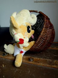 Size: 811x1081 | Tagged: safe, artist:zuckerschnuti, derpibooru import, applejack, earth pony, pony, baby, baby pony, babyjack, basket, cute, foal, irl, jackabetes, photo, plushie, solo, tongue out, younger