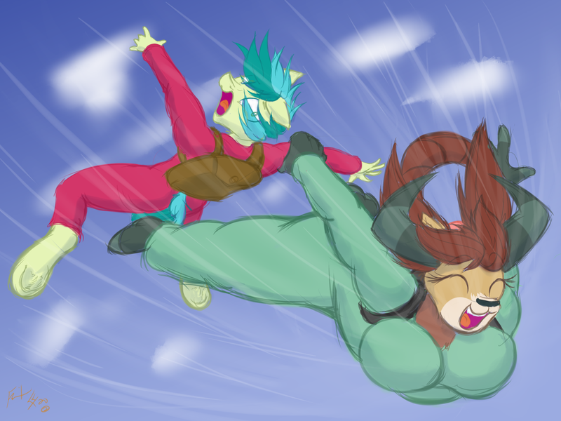 Size: 2048x1536 | Tagged: safe, artist:frist44, derpibooru import, sandbar, yona, anthro, unguligrade anthro, breasts, busty yona, clothes, commission, cute, falling, female, jumpsuit, male, parachute, sandabetes, screaming, shipping, sky, skydiving, straight, underhoof, yonabar, yonadorable