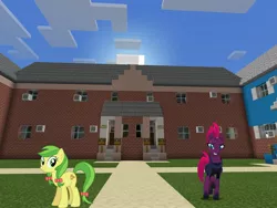 Size: 2048x1536 | Tagged: safe, artist:eugenebrony, artist:jhayarr23, artist:topsangtheman, derpibooru import, apple fritter, tempest shadow, earth pony, pony, unicorn, apple family member, house, looking at you, minecraft, photoshopped into minecraft