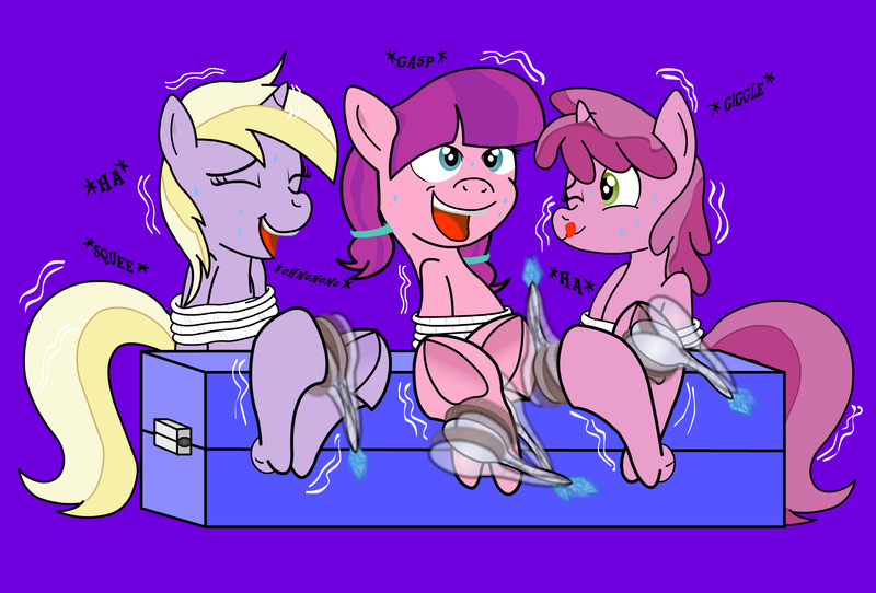 Size: 2128x1442 | Tagged: suggestive, alternate version, artist:darkknighthoof, artist:darktailsko, derpibooru import, dinky hooves, lily longsocks, ruby pinch, earth pony, pony, unicorn, adult, blue background, bondage, brush, commission, erotic tickling, eyes closed, female, females only, femsub, fetish, frog (hoof), hairbrush, hoof fetish, hoof tickling, mare, older, older dinky hooves, older lily longsocks, older ruby pinch, one eye closed, open mouth, rope, rope bondage, simple background, stocks, submissive, sweat, sweatdrop, sweatdrops, tickle fetish, tickle torture, tickling, tongue out, underhoof