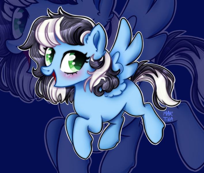 Size: 1298x1100 | Tagged: safe, artist:meqiopeach, derpibooru import, oc, oc:buffonsmash, unofficial characters only, pegasus, pony, black, black and white mane, blue, blushing, colored, commission, cute, digital, eye, eye lashes, eyes, eyes open, femboy, flying, green eyes, lashes on male, lined, looking back, male, pegasus oc, shading, smiling, solo, spread wings, stallion, trap, white, wings, zoom layer