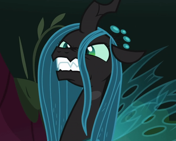 Size: 563x450 | Tagged: safe, derpibooru import, edit, edited screencap, screencap, queen chrysalis, changeling, changeling queen, the mean 6, adoracreepy, angry, animated, creepy, cropped, cute, cutealis, faic, fangs, female, forest, former queen chrysalis, frown, furious, gif, gritted teeth, loop, reaction image, seething, solo, spread wings, standing, tree, wings