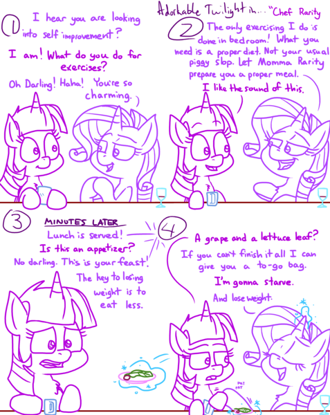 Size: 4779x6013 | Tagged: safe, artist:adorkabletwilightandfriends, derpibooru import, rarity, twilight sparkle, twilight sparkle (alicorn), alicorn, pony, unicorn, comic:adorkable twilight and friends, adorkable, comic, conversation, cute, discussion, dork, exercise, food, friendship, glowing horn, grape, horn, humor, lettuce, magic, plate, slice of life, telekinesis, twilight is not amused, unamused, weight, weight loss