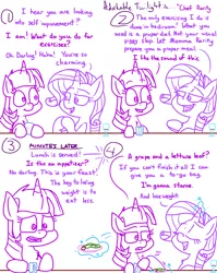 Size: 4779x6013 | Tagged: safe, artist:adorkabletwilightandfriends, derpibooru import, rarity, twilight sparkle, twilight sparkle (alicorn), alicorn, pony, unicorn, comic:adorkable twilight and friends, adorkable, comic, conversation, cute, discussion, dork, exercise, food, friendship, glowing horn, grape, horn, humor, lettuce, magic, plate, slice of life, telekinesis, twilight is not amused, unamused, weight, weight loss