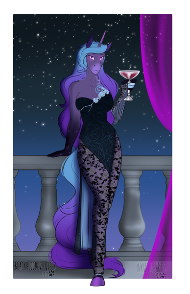 Size: 2561x3959 | Tagged: safe, artist:blackblood-queen, artist:jc_bbqueen, derpibooru import, oc, oc:serena nightshade, unofficial characters only, anthro, unguligrade anthro, unicorn, anthro oc, balcony, clothes, commission, dress, explicit source, glass, horn, smiling, solo, starry night, stars, unicorn oc, wine glass