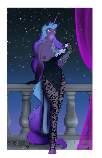 Size: 2561x3959 | Tagged: questionable, alternate version, artist:blackblood-queen, artist:jc_bbqueen, derpibooru import, oc, oc:serena nightshade, unofficial characters only, anthro, unguligrade anthro, unicorn, balcony, big breasts, breasts, clothes, commission, dress, explicit source, female, glass, horn, nipples, nudity, smiling, solo, starry night, stars, teasing, unicorn oc