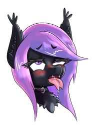 Size: 1440x1920 | Tagged: suggestive, artist:fluor1te, derpibooru import, oc, oc:alilyia, unofficial characters only, bat pony, pony, ahegao, bust, chest fluff, choker, collar, ear fluff, female, mare, open mouth, portrait, salivating, simple background, solo, tongue out, transparent background