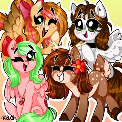 Size: 1150x1150 | Tagged: safe, artist:madkadd, derpibooru import, oc, unofficial characters only, deer, deer pony, earth pony, original species, pegasus, pony, abstract background, antlers, blushing, bow, choker, cloven hooves, earth pony oc, flying, grin, group, hair bow, one eye closed, open mouth, pegasus oc, raised hoof, sitting, smiling, wings, wink