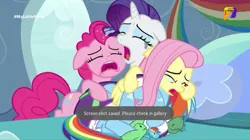 Size: 540x303 | Tagged: safe, derpibooru import, screencap, fluttershy, pinkie pie, rainbow dash, rarity, tank, earth pony, pegasus, pony, unicorn, tanks for the memories, azteca 7, crying, female, lost, makeup, mare, marshmelodrama, mascarity, open mouth, pet, rarity being rarity, running makeup, tv azteca