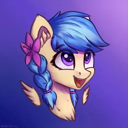 Size: 3000x3000 | Tagged: safe, artist:adagiostring, derpibooru import, oc, oc:jeppesen, unofficial characters only, pegasus, pony, braid, bust, commission, cute, flower, flower in hair, head shot, pegasus oc, portrait, purple eyes, simple background, smiling, twin braids, wings, your character here