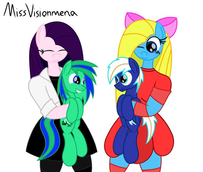 Size: 2600x2200 | Tagged: safe, artist:visionwing, derpibooru import, oc, oc:cuteamena, oc:electric blue, oc:garry berry, oc:visionmena, unofficial characters only, anthro, pony, cute, happy, holding a pony, looking at each other, simple background, smiling, transparent background