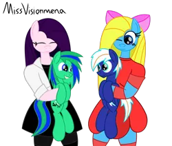 Size: 2600x2200 | Tagged: safe, artist:visionwing, derpibooru import, oc, oc:cuteamena, oc:electric blue, oc:garry berry, oc:visionmena, unofficial characters only, anthro, pony, cute, happy, holding a pony, looking at each other, simple background, smiling, transparent background