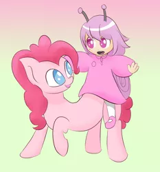 Size: 1400x1500 | Tagged: artist:chocodamai, derpibooru import, digital art, human, human and pony, humans riding ponies, pinkie pie, riding, safe, snail, snail-chan, snail-chan adventure game