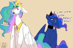 Size: 1500x1000 | Tagged: safe, artist:amethesaladhair, derpibooru import, princess celestia, princess luna, alicorn, pony, cake, crown, eating, female, food, fork, jewelry, mare, regalia, royal sisters, siblings, sisters, this will end in tears and/or a journey to the moon, vulgar