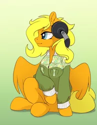Size: 2480x3172 | Tagged: safe, artist:arctic-fox, derpibooru import, oc, oc:lightly breeze, unofficial characters only, pegasus, pony, clothes, headphones, jacket, solo